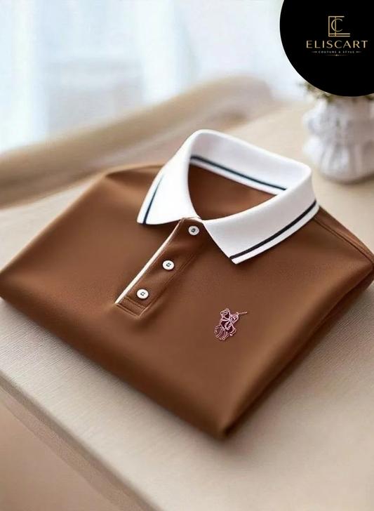 Men's Business Casual Button Short Sleeve Polo Shirt with Mixed Print and Elastic