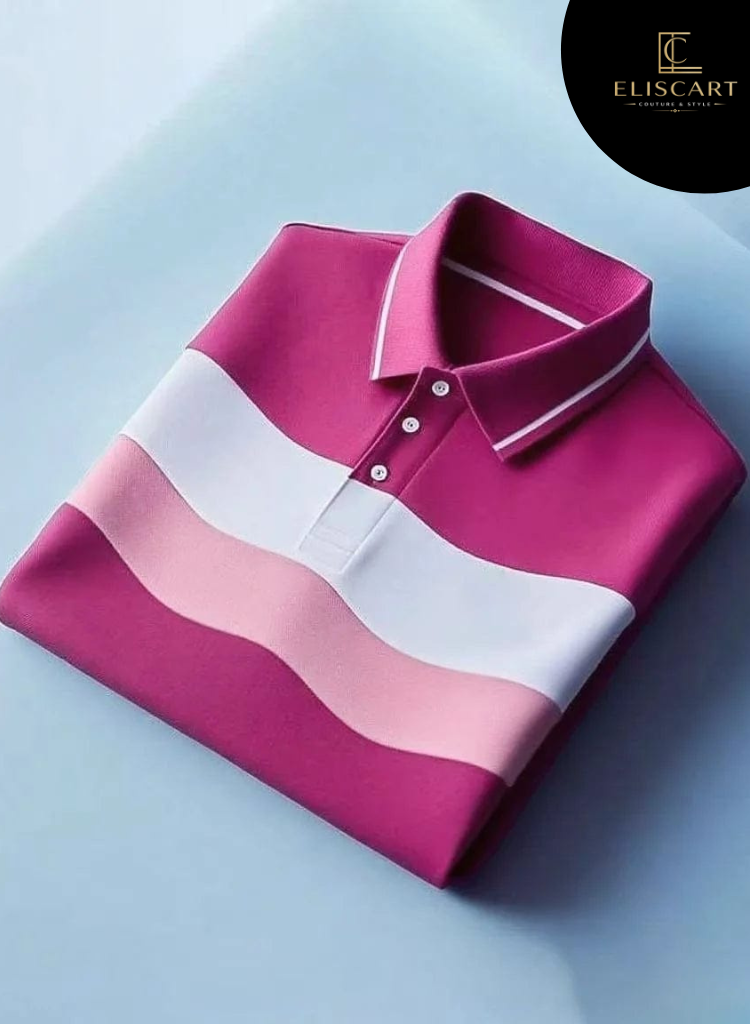 Men's Business Casual Brown Striped Button Short Sleeve Polo Shirt