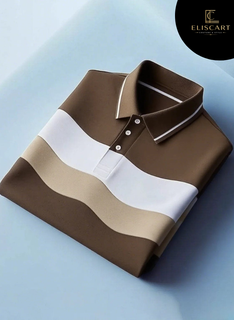 Men's Business Casual Brown Striped Button Short Sleeve Polo Shirt