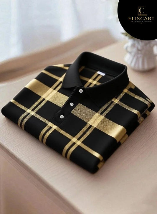 Men's Business Casual Orange Green Plaid Short Sleeve Polo Shirt